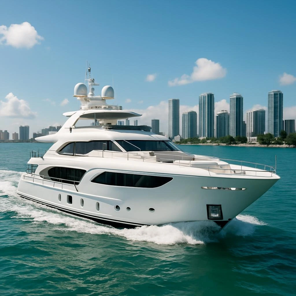 Luxury yacht on turquoise Biscayne Bay with the Miami skyline — The Miami Boat Rental